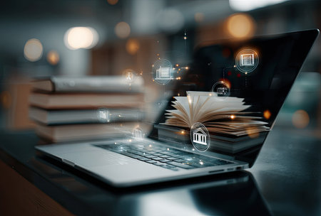 An open laptop is the central element with books and digital icons symbolizing online learning. The scene has a soft focus, showcasing a blurred background with warm, atmospheric lighting. The composition and lighting suggests an indoor setting, possibly for educational or technological purposes. It could be used for various commercial or editorial content.の素材