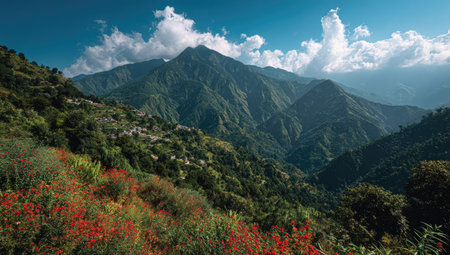 An expansive mountain range is displayed with varying shades of green vegetation. Overhead sunlight illuminates the scene, and a vibrant blue sky is filled with fluffy white clouds. This natural landscape could be utilized for environmental, travel, or educational purposes. The composition emphasizes the beauty of nature.の素材