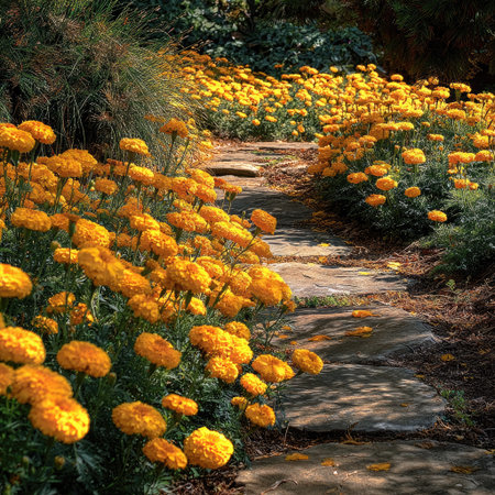 A stone pathway meanders through a garden abundant with bright yellow flowers. Overhead sunlight illuminates the scene, highlighting the textures of the petals and the stone walkway. The composition suggests a natural, outdoor setting, suitable for illustrating themes of nature, beauty, or garden design. These visuals could be used for editorial and commercial projects.の素材