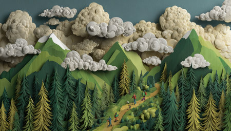 This image presents a vibrant paper craft landscape featuring rolling green hills, dense forests, and a pathway with hikers. The composition includes textured cloud formations and a bright sky, using layered paper to create depth and dimension. Suitable for various editorial and commercial applications.の素材