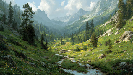 A landscape depicts a lush valley with a winding stream, framed by towering mountains. The scene features dense forests, grassy slopes, and various shades of green, accentuated by soft sunlight. The image could be used for illustrating environmental themes, promoting travel, or enhancing editorial content.の素材