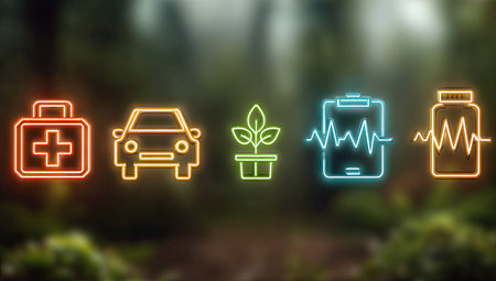 This image presents a series of glowing neon icons, including a medical kit, a car, a plant, a tablet with a graph, and a medicine bottle. The icons are brightly colored and set against a blurred background, suggesting an outdoor environment. The composition could be useful for commercial and editorial purposes.の素材