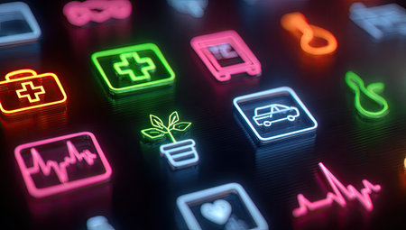 Various neon-illuminated icons representing diverse concepts are arranged on a dark surface. The image showcases bright colors and a shallow depth of field. Composition suggests a modern, digital aesthetic. These visuals are suitable for a wide range of commercial applications, including websites and presentations.の素材