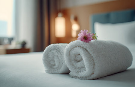 Two rolled white towels are placed on a bed, adorned with a delicate pink flower. The image shows soft textures and subtle lighting, suggesting an indoor setting. This composition, with its clean aesthetic, would be suitable for hospitality, wellness, or lifestyle related commercial uses.の素材
