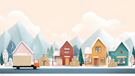 An illustration depicts a moving truck transporting goods near a row of houses. The image utilizes a vibrant color palette, featuring homes in various colors, trees, and snowy mountains in the background. It employs a flat design style, suggesting a digital artwork suitable for a variety of uses, including advertising and editorial content.の素材