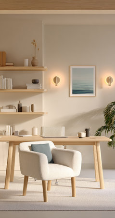An interior scene features a light-filled office space. A wooden desk and chair are positioned near a window, complemented by shelves, art, and decor. The composition is clean, with warm tones from the lighting and furniture. Suitable for illustrations of modern work, lifestyle, or business themes.の素材