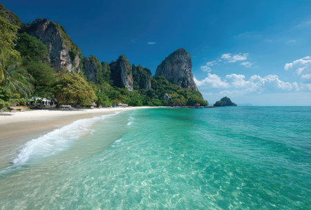 This image showcases a coastal scene featuring a sandy beach, turquoise water, and lush green vegetation. The composition highlights rocky cliffs, blue sky, and a sunny day. It could be used for travel, tourism, environmental, or lifestyle themes. The photograph provides a vibrant and tranquil visual appeal.の素材