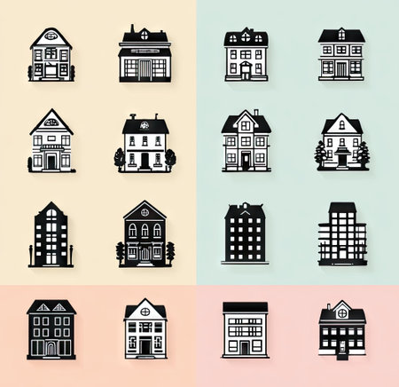 This image features a collection of building silhouettes against colorful backgrounds. The illustrations showcase a variety of architectural styles and forms. Suitable for design projects, the image uses a vector format and offers copy space for commercial and editorial purposes.の素材