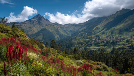The image captures a scenic mountain landscape filled with greenery. Red flowers are in the foreground, with lush vegetation covering the slopes. The composition showcases mountains under a cloudy sky, with some sunlight. The image could be used for travel, nature, or environmental themes.の素材