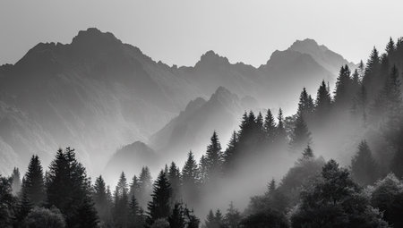 A grayscale image depicts a mountain range with layers of trees and fog. The composition shows the mountains receding into the distance creating an atmospheric perspective. This visual could be utilized in various editorial projects or for commercial design purposes such as websites or print media.の素材