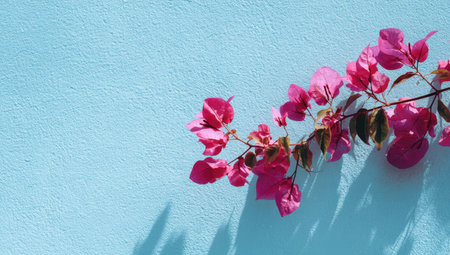 A close-up view displays vibrant pink bougainvillea blooms gracefully cascading against a light blue textured wall. The composition captures the flowers in partial sunlight, highlighting their delicate petals. This image could be used for various purposes including decorative designs or editorial content, emphasizing natural beauty.の素材