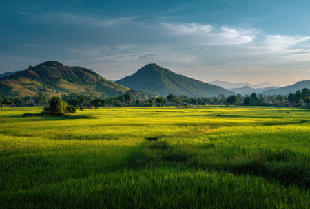 The image showcases a vibrant landscape featuring rolling hills and expansive fields of green. The scene is illuminated by natural light, creating a sense of depth and dimension. The composition includes a clear sky with scattered clouds, offering an inspiring backdrop. Suitable for a variety of editorial and commercial applications.の素材