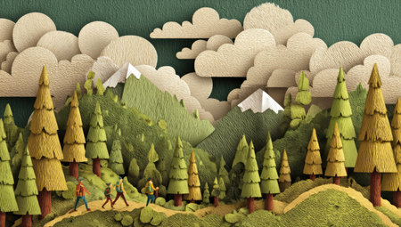 This illustrative artwork depicts a landscape with trees mountains and clouds. The artwork uses a paper cut-out style, with layers creating a three-dimensional effect. The color palette includes shades of green and brown. This image could be used for educational materials or creative design projects.の素材
