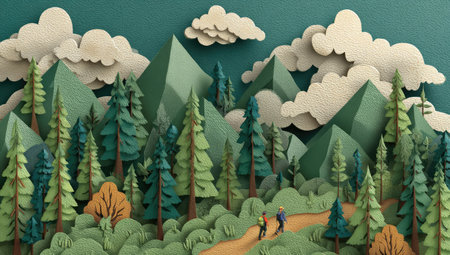 This image features a paper craft scene of a forest with mountains and hikers. The scene is rendered with various shades of green, brown, and blue, creating a layered effect. The composition is well-lit, suggesting a sunny day. This illustration could be used for various projects.の素材