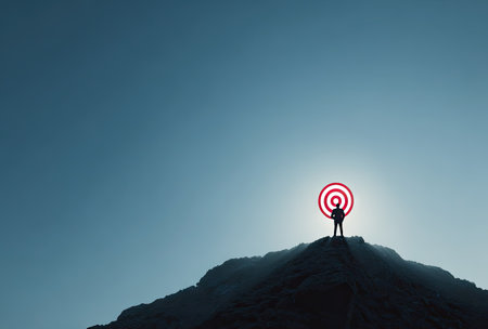 A silhouette of a person stands atop a mountain, holding a red and white target. The image features a vibrant blue sky with soft lighting, creating a dramatic composition. Suitable for concepts related to success, goals, and achievement, this image can be used in various commercial applications.の素材