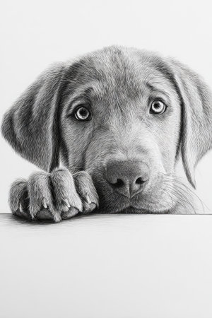 A grayscale image features a dog with soulful eyes resting its paws on a white surface. The image emphasizes the dog's head and paws, showcasing textures and details. The lighting is soft and even. This image could be suitable for various commercial uses, including advertising or editorial content.の素材