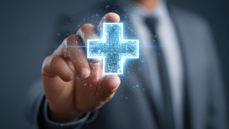 A person's hand reaches towards a glowing digital plus sign, symbolizing medical assistance. The image showcases blue hues and a bokeh effect suggesting a futuristic environment. It can be used for illustrations related to telemedicine, healthcare solutions, and technological advancements in the medical field.の素材