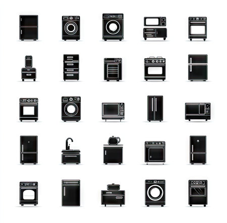 This graphic showcases a collection of kitchen appliance icons, presented in a simple, flat design. The images feature a range of household items, illustrated in monochrome against a plain white backdrop. Suitable for various design applications, it could be used in advertising or educational materials.の素材