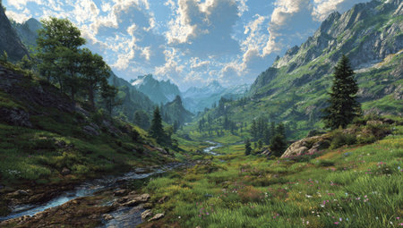 A vibrant landscape depicts a valley with a flowing river surrounded by lush green fields and trees. Towering mountains frame the scene under a bright sky with puffy white clouds. The artwork uses rich colors and natural textures suggesting an outdoor environment, suitable for various editorial and commercial applications.の素材