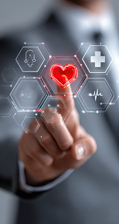 A person's hand touches a glowing heart symbol on a digital interface. The image displays a modern design with hexagonal shapes and medical icons. The color palette includes shades of grey, red, and white. This image could be used for healthcare technology, medical innovation, or health-related publications.の素材