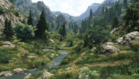 A tranquil landscape portrays a lush forest and flowing stream nestled within towering mountains. The scene showcases verdant trees and plants with natural rock formations. The composition employs overhead lighting to highlight the textures. Suitable for illustrating travel, nature, or environmental topics.の素材