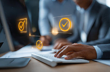 Image features individuals interacting with a computer, highlighted by illuminated checkmark symbols. The composition showcases hands on a keyboard, suggesting active use and validation. The scene incorporates elements of business environment with artificial lighting. Suitable for illustrating concepts of agreement and success in different applications.の素材