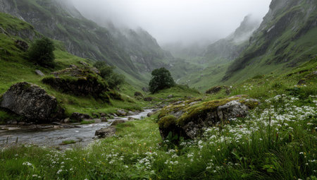 A tranquil mountain valley is presented with a flowing river and lush green vegetation. The scene includes grassy areas, rocks, and a cloudy sky. The photograph utilizes natural lighting creating a serene atmosphere. This image is suited for a variety of editorial and commercial applications.の素材