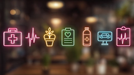 A collection of neon-style medical icons glows against a soft, blurred backdrop. The icons represent various healthcare concepts. The composition uses bright colors and a modern aesthetic, possibly suited for digital interfaces or promotional content, offering visual interest suitable for diverse applications.の素材