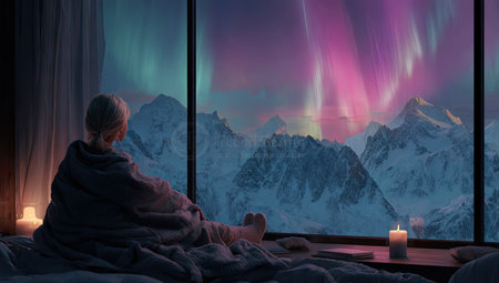 A person is seated and looking out a window at a nighttime vista. The scene is dominated by a display of aurora borealis above snow-covered mountains. The composition features cool blues and purples. It could be used for various purposes, including promotional materials or articles.の素材
