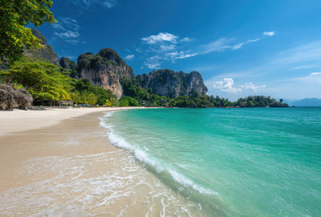 A vibrant coastal scene presents a sandy beach meeting clear, turquoise water under a bright blue sky. Rocky cliffs and lush green foliage frame the scene, with sunlight illuminating the natural beauty. This image could be used for travel brochures, website backgrounds, or various editorial and commercial projects.の素材