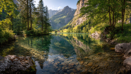 A serene lake reflects mountains and trees under sunlight. The clear water reveals a rocky bed, while lush green vegetation borders the lake. The composition employs natural light and a wide-angle perspective, suitable for environmental or travel-related publications.の素材