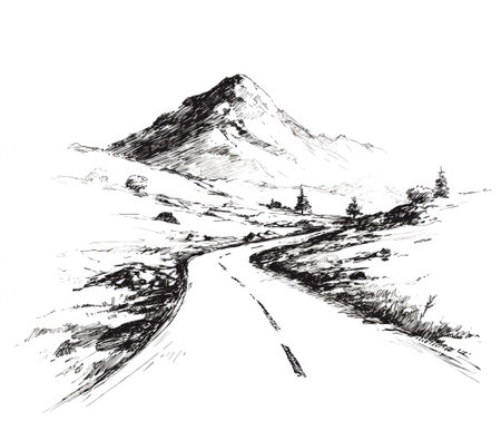 A pen and ink sketch depicts a winding road leading towards a mountain peak. The grayscale illustration showcases textured terrain and sparse vegetation. This artwork presents a minimalist style with contrasting shadows and highlights, suitable for conceptual projects or editorial illustrations. The scene evokes a sense of journey and exploration.の素材