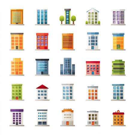 This image features a collection of colorful, simplified building icons. The design presents a variety of architectural styles, employing a flat design aesthetic with uniform shapes. They could be used for various purposes like design, editorial content, and commercial projects.の素材
