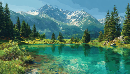 An idyllic landscape presents a tranquil lake reflecting surrounding mountains and lush greenery. Emerald waters contrast with verdant trees and the rugged, snow-capped peaks. The style evokes a sense of serenity, captured under a bright, sunny sky, suitable for nature-themed visuals and editorial content.の素材