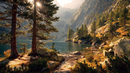 A landscape image features a mountain lake surrounded by trees and rocky terrain. The scene is illuminated by sunlight, creating a warm, natural atmosphere. The composition includes details of the environment, suitable for various uses, including editorial and commercial projects.の素材