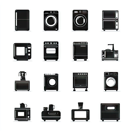 This illustration showcases an assortment of household appliances presented in a monochrome style against a plain background. The composition features diverse kitchen and laundry appliances, defined by simple forms and clear silhouettes. The image may be suitable for commercial applications related to home design, technology, or domestic life.の素材