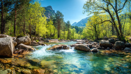 A vibrant image depicts a flowing river winding through a dense forest. Sunlight illuminates the scene, highlighting the green foliage and clear water. The composition showcases rocks and mountains in the background, creating a natural and serene environment suitable for various commercial and editorial applications.の素材