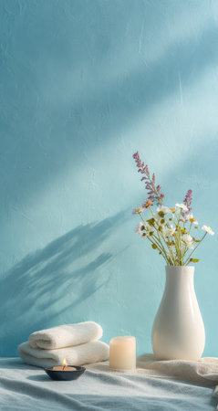 A tranquil composition showcases a white vase with wildflowers, folded towels, a lit candle, and a small dish. The scene is illuminated by soft, natural light against a pale blue backdrop. It evokes a sense of peace and relaxation, suitable for wellness, lifestyle, and design-related projects.の素材