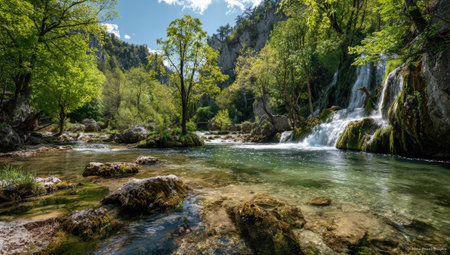 A waterfall flows into a river, surrounded by trees and rocks. The composition features vibrant green foliage and crystal-clear water. The image is bright and well-lit, suggesting a daytime scene. This photograph could be utilized in various commercial and editorial contexts related to nature and landscape.の素材