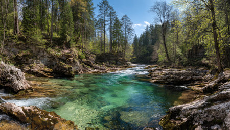 A river of clear turquoise water meanders through a dense forest. The composition features rocky banks, green trees, and sunlight creating reflections. The natural environment suggests a serene setting. Suitable for environmental themes, outdoor activities, or travel related projects.の素材