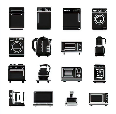This graphic presents a collection of household appliances rendered in a simple, monochromatic style. The image showcases various kitchen tools such as ovens, washing machines, kettles, and microwaves. The composition features a clean, organized arrangement, suitable for diverse uses. The visual is ideal for commercial or editorial applications.の素材