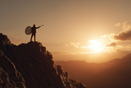A silhouetted person stands atop a mountain, holding a target against a vibrant sunset. The warm light creates a dramatic, high-contrast composition. The image evokes themes of achievement and overcoming challenges. Suitable for illustrations related to goals, success, or business presentations.の素材