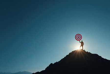 A silhouette of a person stands atop a mountain holding a target, illuminated by a bright sunburst against a gradient blue sky. The composition emphasizes the figure's small size against a vast backdrop. This image could be used in various commercial projects highlighting concepts such as ambition, achieving goals, and business.の素材