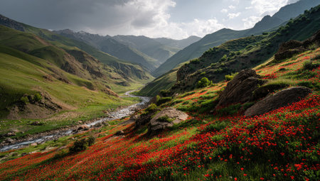 A vibrant landscape showcases a mountain valley dominated by rolling hills covered in red wildflowers. A flowing river carves through the terrain, flanked by rocky outcrops. The composition is lit by diffused sunlight, and suitable for commercial use. This natural setting evokes a sense of peace and natural beauty.の素材