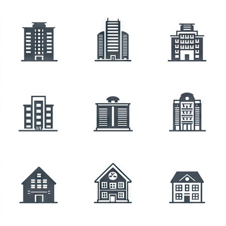 This graphic showcases a collection of building icons, encompassing diverse architectural styles. The monotone color scheme enhances visual clarity, with detailed linework defining each structure. These icons suggest urban and residential environments, suitable for various design applications. They are adaptable for commercial illustration and design projects.の素材