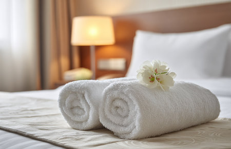 Two rolled white towels are placed on a neatly made bed in a hotel room. The scene is illuminated by soft, warm light from a bedside lamp. The towels are decorated with a small flower. This image could be used for hospitality or lifestyle publications and marketing materials.の素材