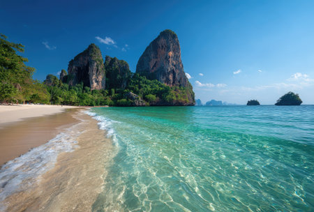 A coastal scene showcases clear turquoise water gently meeting a sandy shore. Towering rocky mountains are visible under a bright blue sky. The image features natural sunlight and could be used for travel, tourism, or environmental themes.の素材