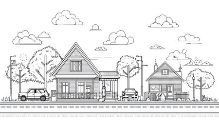An illustrated street scene displays houses, trees, and cars. The black and white image features an outlined style, creating a minimalist aesthetic. Soft clouds fill the sky, while a person walks along the street. This graphic design could be utilized for various commercial projects and editorial illustrations.の素材