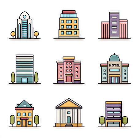 This set of stylized building icons depicts various architectural styles. Each building is rendered with clean lines and bright colors, featuring different window arrangements and roof designs. The illustration uses a simplified, vector-style, creating a cheerful impression suitable for various commercial uses.の素材