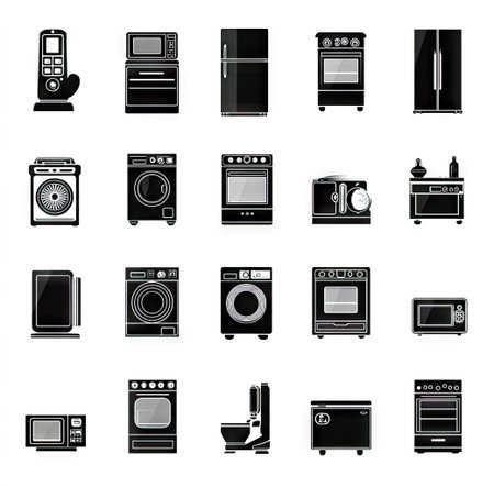 This image showcases an assortment of stylized household appliances presented in a monochromatic color scheme. Featuring various kitchen and laundry equipment, the set emphasizes clean lines and simple forms. Suitable for design projects, the image is versatile for editorial content and commercial applications.の素材